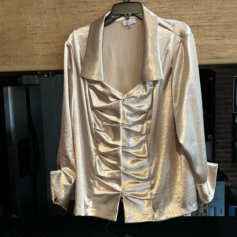 Dressbarn Woman collection gold long sleeve dress shirt w/ faux diamond buttons